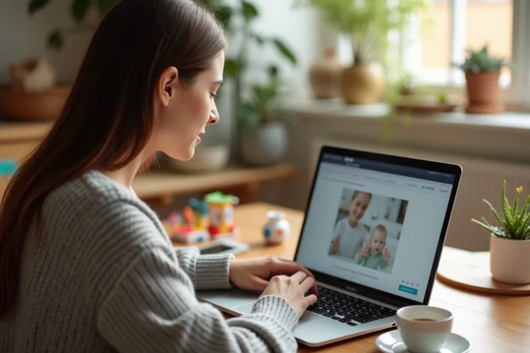 Jeune mère naviguant sur un site dédié aux parents depuis son ordinateur portable dans une cuisine familiale chaleureuse
