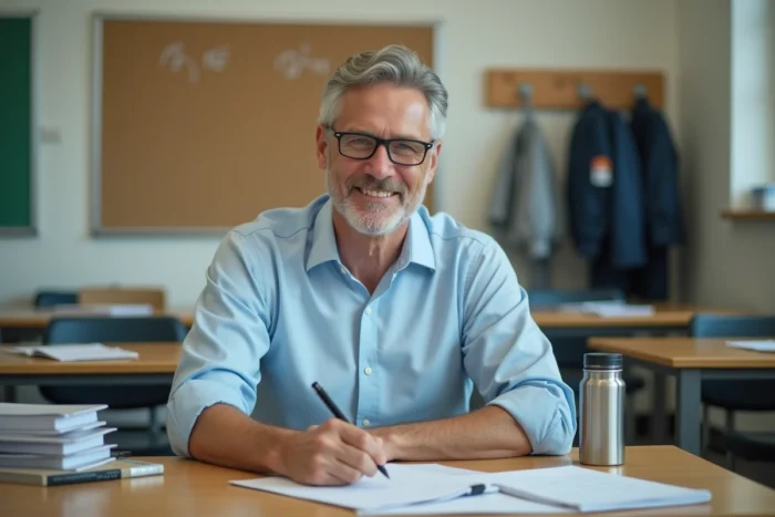 Un enseignant collègue en tenue professionnelle rédige un message sincère sur du papier officiel pour la retraite de leur maîtresse commune