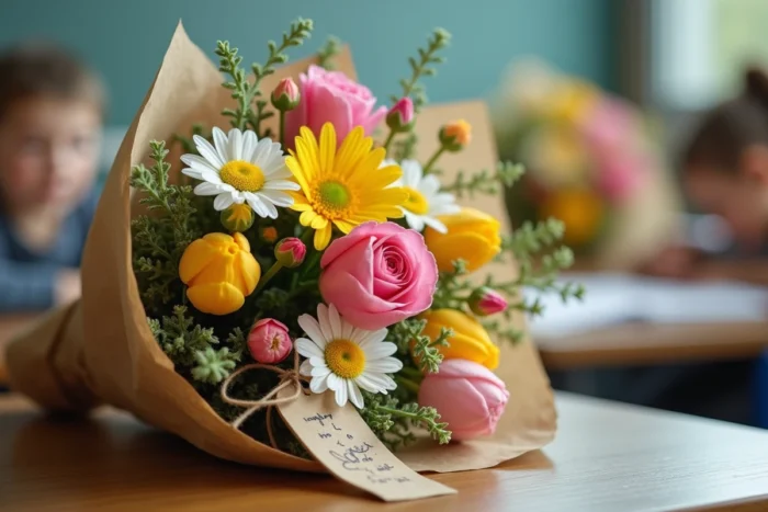 Un petit bouquet de fleurs sauvages colorées emballé dans du papier kraft avec une étiquette manuscrite, cadeau accompagné d'un message court pour une maîtresse retraitée