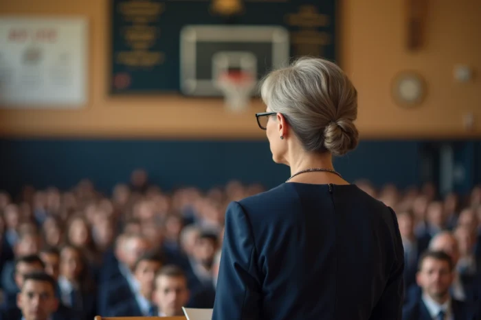 Une enseignante élégante se tient debout devant un pupitre lors d'une cérémonie officielle de départ à la retraite organisée dans le gymnase de son école