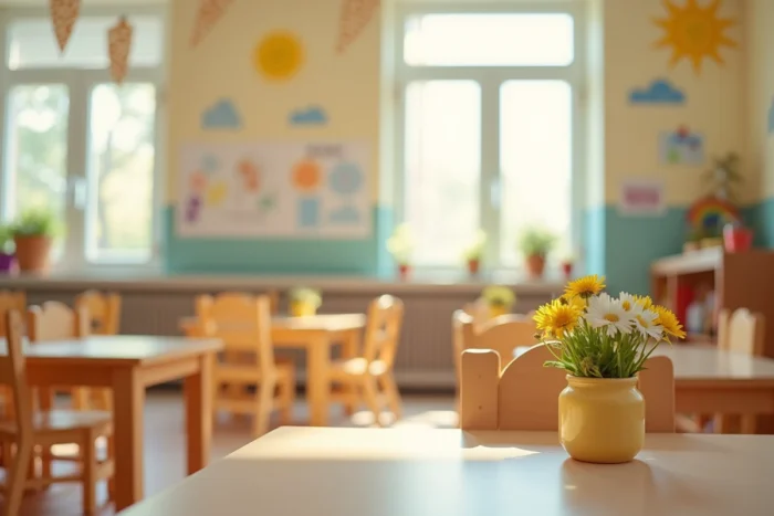 Une salle de classe de maternelle vide et colorée avec des dessins d'enfants accrochés aux murs et un bouquet de fleurs sauvages sur la table de la maîtresse retraitée