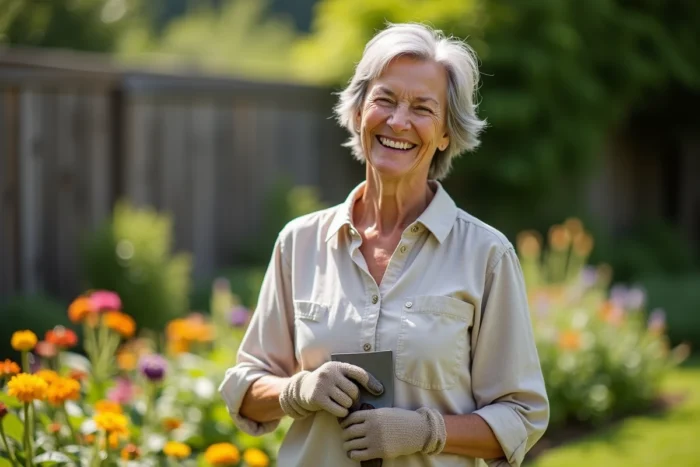 Une femme aux cheveux gris rayonnante jardine avec joie dans son jardin fleuri, incarnant la nouvelle vie épanouie après une carrière d'enseignante