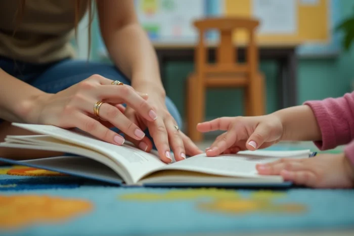 Les mains d'une maîtresse patiente et d'un enfant tiennent ensemble un livre de classe ouvert, symbole de patience et de transmission au fil des années