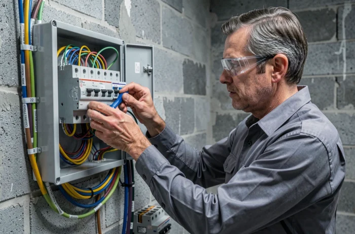 Électricien installant un tableau électrique aux normes dans une cave technique d'une maison française, remplacement du tableau de fusibles ancien