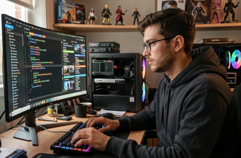 Moddeur concentré devant son écran affichant une interface de modding colorée dans un bureau gaming personnel