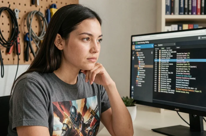 Jeune femme moddeur analysant un tableau de bord de modding sur son écran dans un studio minimaliste
