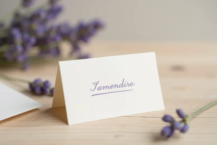 Une petite carte pliée format pocket posée sur une surface en bois avec un brin de lavande séchée, contenant un mot bref pour une maîtresse retraitée