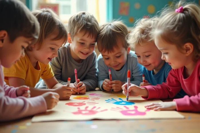 Un groupe d'enfants de primaire signe collectivement une grande carte colorée pour offrir un message commun à leur maîtresse qui part à la retraite