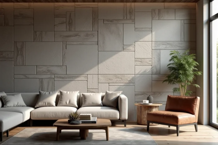 Mur d'accent en pierre naturelle reconstituée à relief prononcé ancrant l'atmosphère d'un salon rustique contemporain