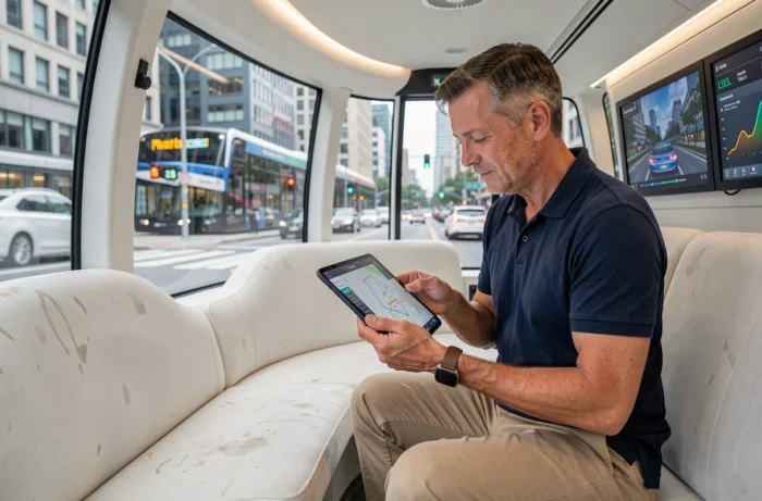 Ingénieur analysant des données de transport dans une navette autonome innovante