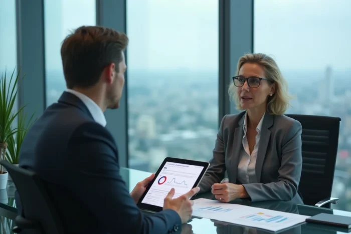 Deux dirigeants d'entreprise négociant les termes d'un partenariat stratégique dans un bureau moderne