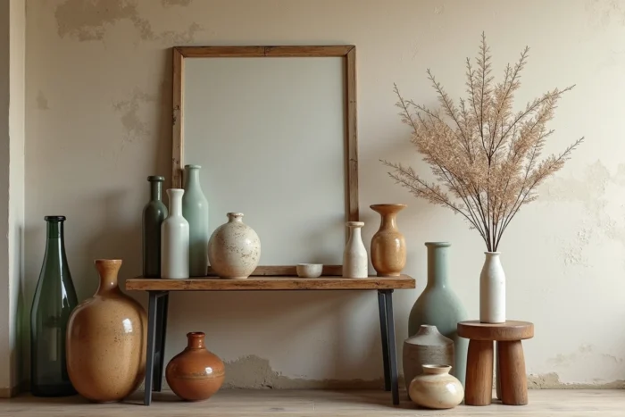 Composition décorative d'objets chinés et upcyclés sur une étagère, illustrant une approche slow déco durable et authentique