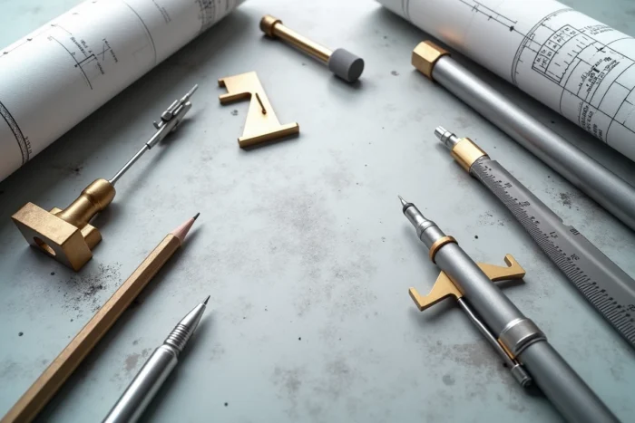 Outils d'architecture professionnels disposés en flat lay sur surface en béton, comprenant compas, règles et stylos de précision