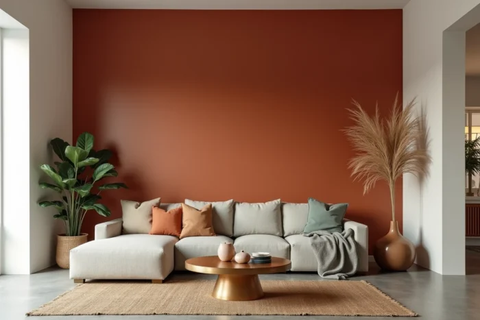 Mur d'accent peint en terracotta profond dans un salon contemporain, créant une palette de couleurs immersive et contrastée