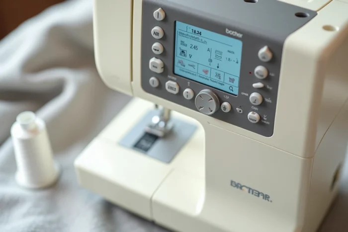 Gros plan sur le panneau de commande et l'écran LCD de la machine à coudre Brother Innov-is 15 avec sélection de points