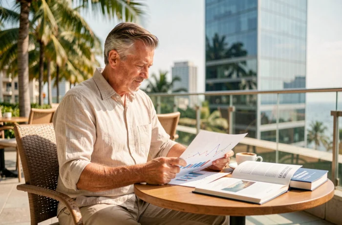 Homme d'affaires consultant un guide fiscal en anglais en terrasse dans un paradis fiscal tropical avec tour de bureau en arrière-plan