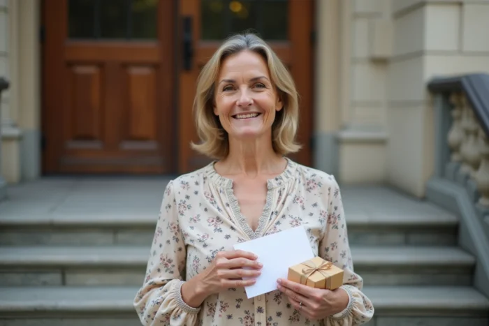 Une mère reconnaissante tient une carte et un cadeau à l'entrée de l'école pour remercier la maîtresse de son enfant lors de son départ à la retraite