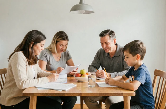 Deux parents aidant leur fils à faire ses devoirs autour de la table à manger dans un cadre familial réaliste