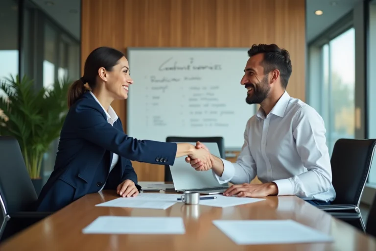 Deux professionnels concluant un partenariat commercial en se serrant la main dans une salle de réunion moderne