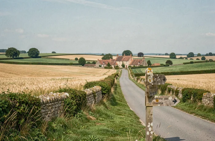 Paysage rural de la campagne bourguignonne près de Charny avec champs vallonnés, chemin de randonnée et toits de tuiles traditionnels