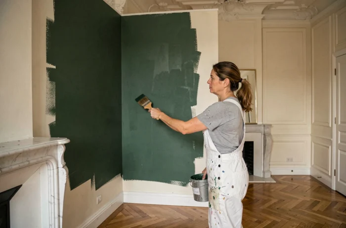 Peintre appliquant une teinte soutenue vert forêt sur un mur d'accent dans un salon français aux murs porteurs peints en blanc cassé