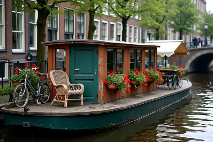 Péniche rénovée amarrée sur un canal d'Amsterdam avec jardinières fleuries, vélo vintage et terrasse extérieure, hébergement atypique en Europe