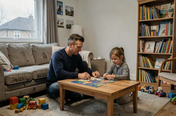 Père aidant sa fille à assembler un puzzle sur le sol du salon, illustrant l'accompagnement parental bienveillant