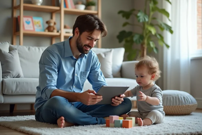 Père consultant un site de ressources pour parents sur une tablette assis sur un tapis avec son jeune enfant