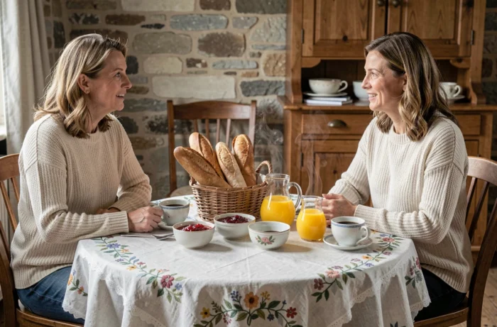 Petit-déjeuner convivial dans la salle à manger d'une maison d'hôtes normande avec produits locaux faits maison