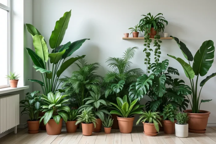 Groupement dense de plantes d'intérieur variées dans un coin de salon créant un effet de masse végétale structuré et luxuriant