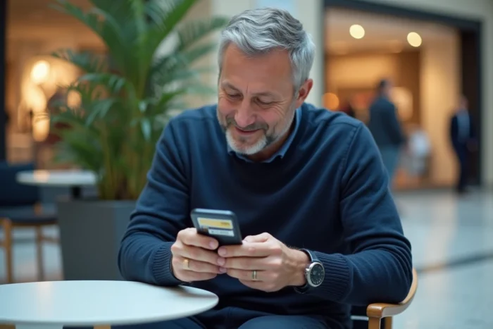 Homme consultant ses points de fidélité Galeries Lafayette sur smartphone dans un centre commercial