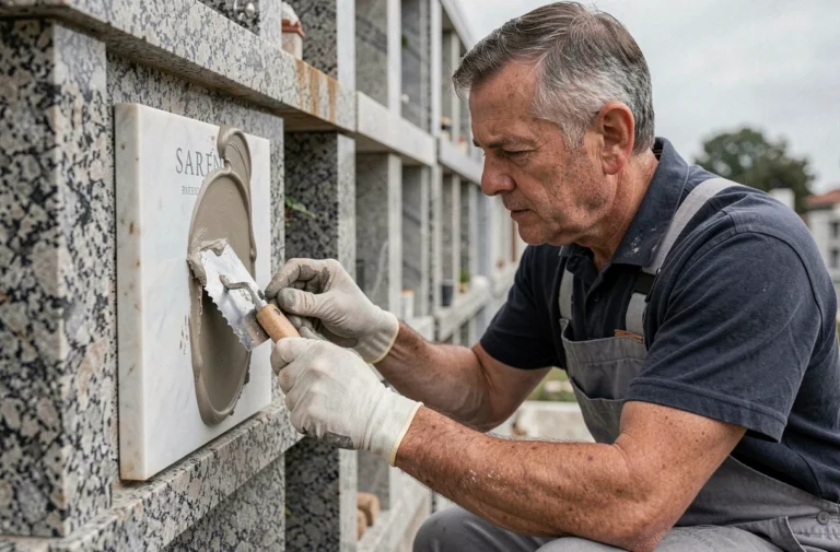 Artisan appliquant une colle spéciale pierre sur une plaque columbarium en marbre dans un cimetière