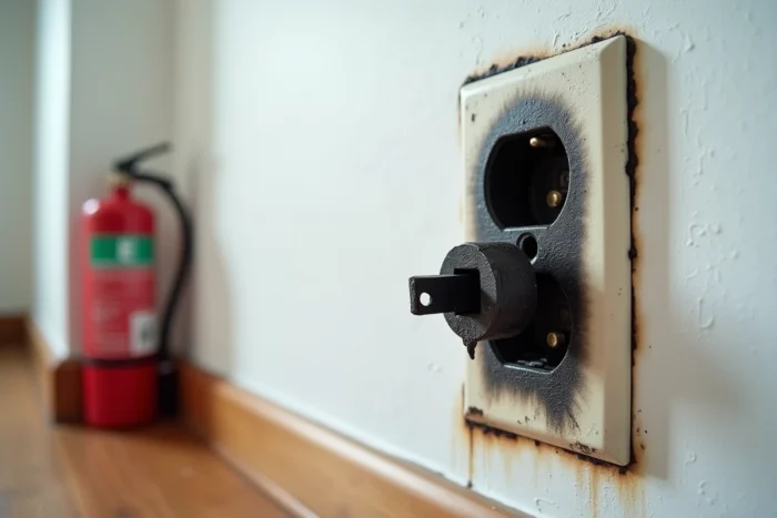 Prise électrique brûlée avec marques de carbonisation et extincteur classe feu électrique accroché au mur