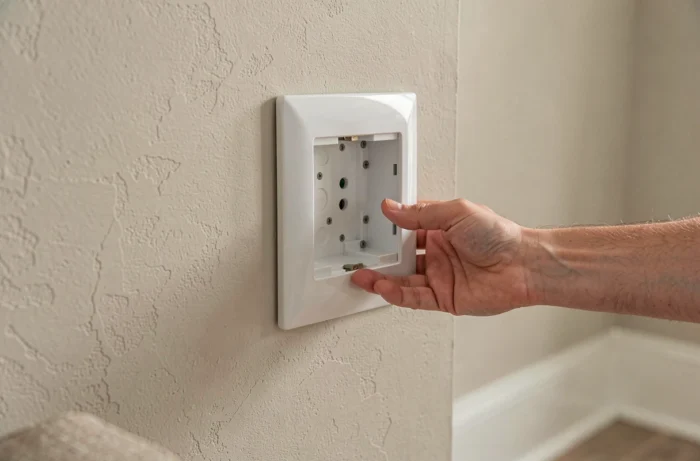 Prise électrique factice montée sur un mur révélant un boîtier de dérivation caché derrière