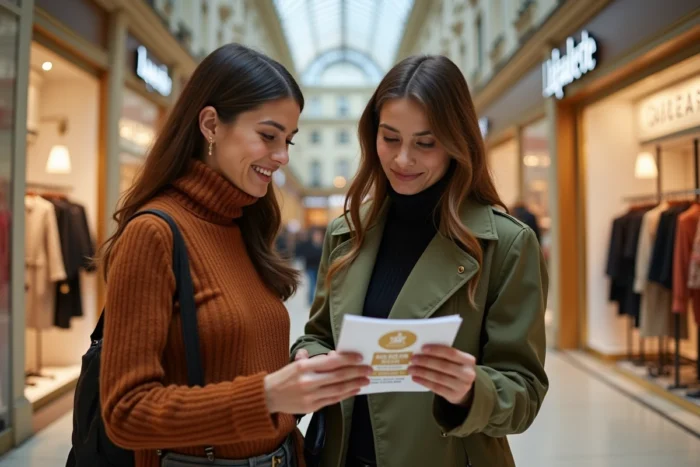 Deux femmes consultant une brochure du programme fidélité Galeries Lafayette en magasin
