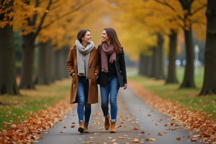 Deux femmes marchant et riant ensemble sur un chemin de parc en automne, illustrant le bien-être social et la connexion humaine