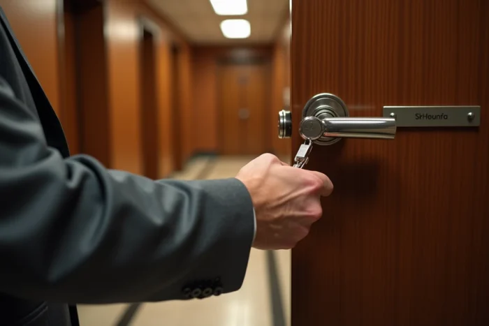 Propriétaire insérant une clé dans la serrure d'une porte de bureau avec plaque nominative