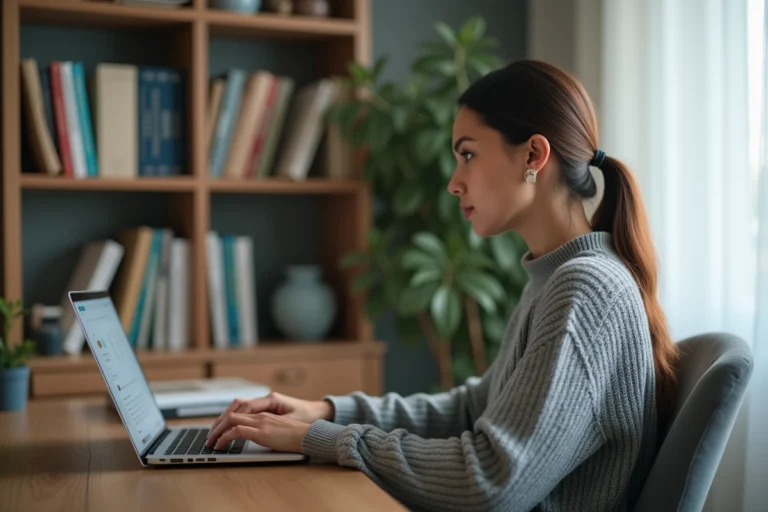 Femme protégeant ses données personnelles sur son ordinateur portable dans un bureau à domicile