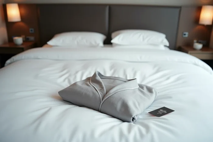 Pyjama d'hôtel plié sur un futon dans une chambre moderne de business hotel à Tokyo