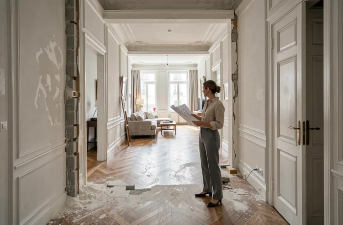 Architecte d'intérieur présentant un couloir de maison Haussmannienne après suppression d'une cloison pour optimiser la circulation intérieure