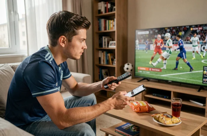 Homme regardant un match de football en streaming sur sa télévision dans un appartement moderne