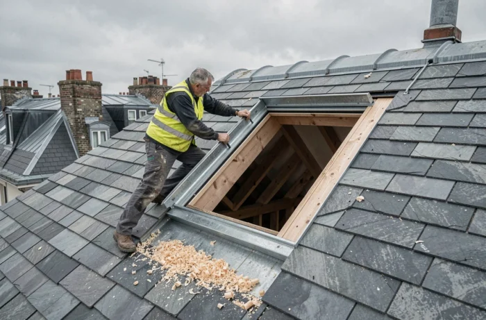 Couvreur installant une fenêtre de toit de type VELUX dans une toiture en ardoise mansardée parisienne pour apporter de la lumière naturelle aux combles