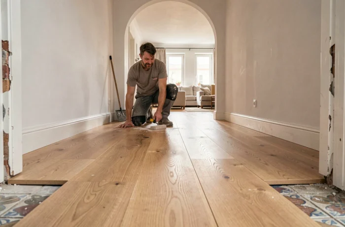 Poseur installant un parquet en chêne contrecollé en grand format unifié de l'entrée au séjour dans un appartement français rénové