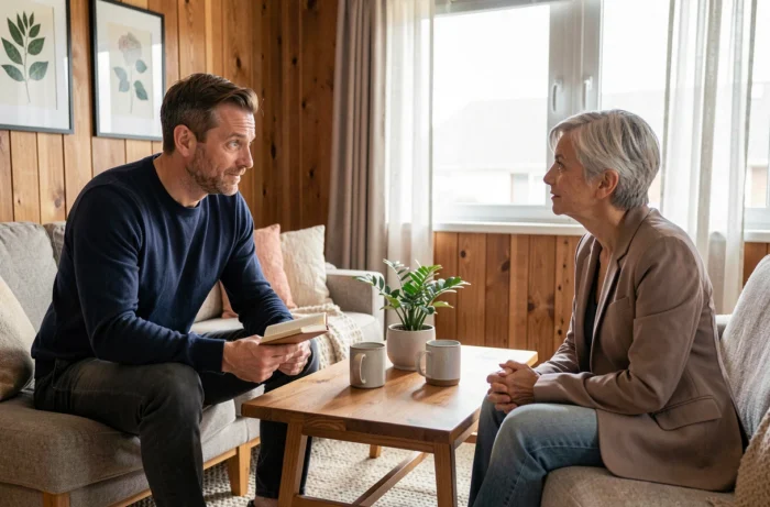 Séance d'accompagnement en développement personnel entre un homme et une coach bien-être dans un bureau chaleureux et cosy