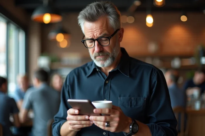 Homme vérifiant la sécurité de ses données personnelles sur smartphone dans un café urbain