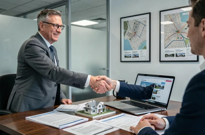 Notaire ou agent immobilier signant un contrat avec un client dans une agence professionnelle
