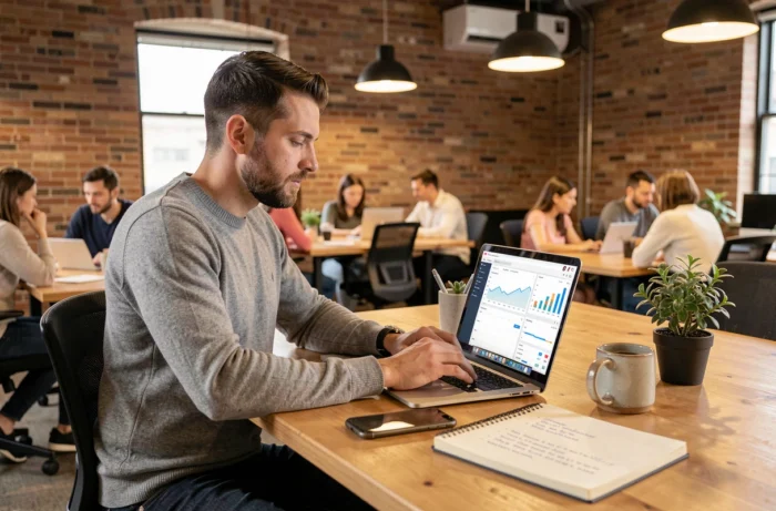 Jeune professionnel analysant des données de stratégie marketing sur ordinateur dans un espace de coworking