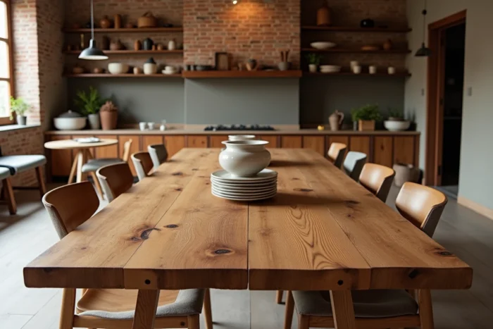 Table en bois massif à grain prononcé placée en pièce centrale d'un séjour ouvert avec un décor convivial et naturel