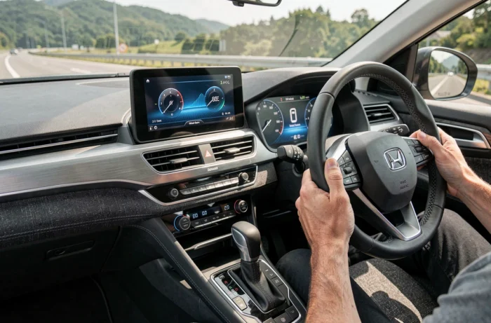 Tableau de bord d'une voiture hybride affichant le flux d'énergie en mode éco, illustrant la conduite économique et écologique