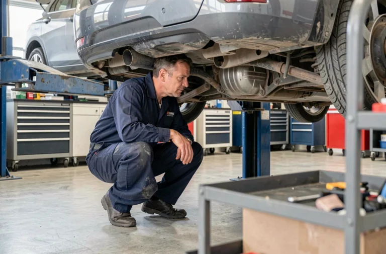 Technicien automobile inspectant la boîte automatique EAT8 d'une Peugeot en atelier professionnel